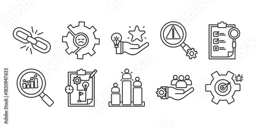 swot  icon set collection in outline style. Icon pack contain swot , Strengths, Weaknesses, Opportunities, Threats, Analysis, Strategy, Evaluation, Competitors, Resources, performance