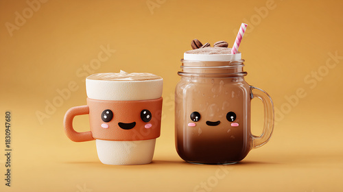 Adorable cartoon coffee cups with smiling faces, a playful and cheerful scene 