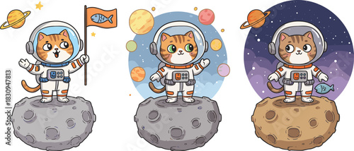 Cute astronaut cat exploring outer space standing on moon with planets behind illustration set in adorable cartoon space style