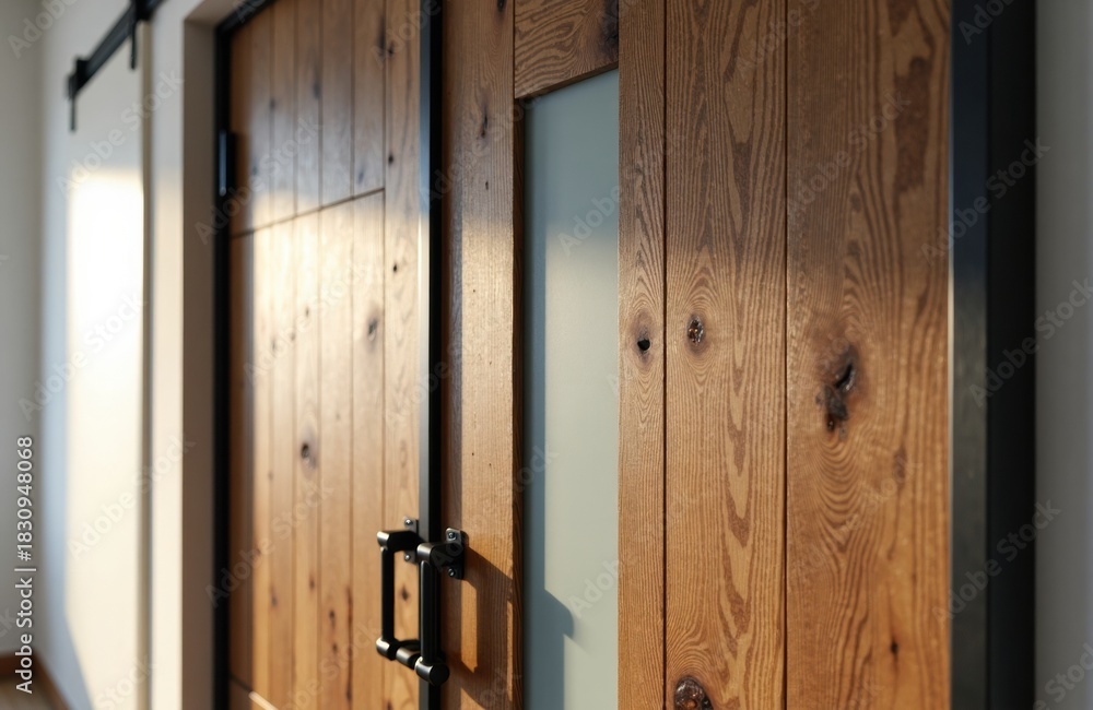 Obraz premium Wooden doors with black hardware and frosted glass panels in bright hallway