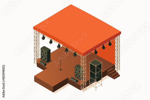 Dynamic isometric stage with lights and speakers ready for a rock concert performance or theatrical event production design