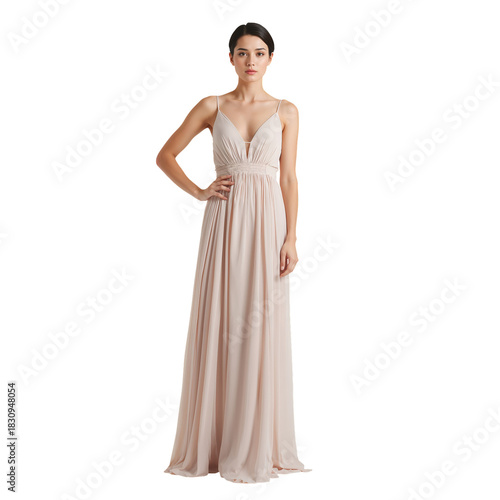 Elegant Evening Gown Worn by a Model in a Softly Lit Studio Setting