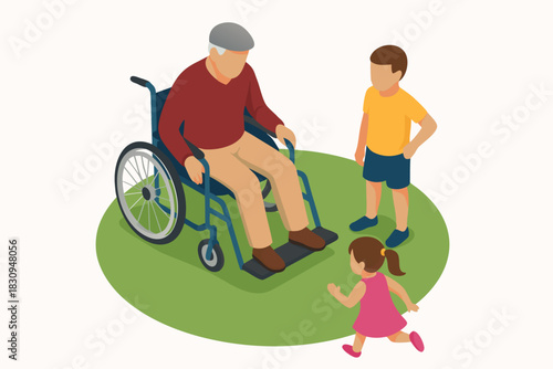 Grandfather in wheelchair enjoys sunny day with playful grandchildren outside on the grass in a bright outdoor setting