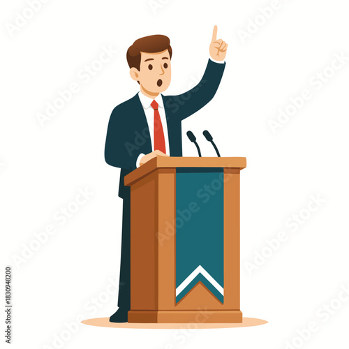 Dynamic leader delivering a passionate speech at a podium, inspiring action and change with powerful message for business presentation