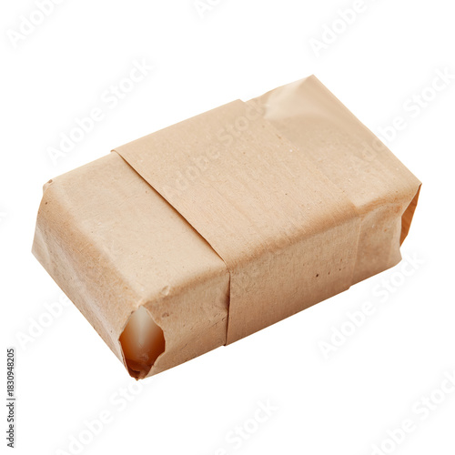 Handmade Soap Bar Wrapped in Natural Brown Paper on a Simple White Background...