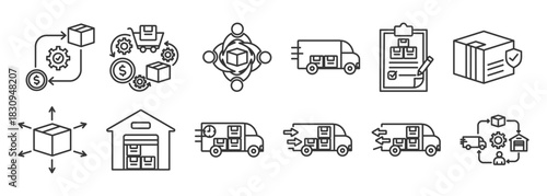  logistics icon set collection in outline style. Icon pack contain logistics ,procurement ,Planning, management, transport, inventory, packaging, distribution,warehouse, delivery, loading,unloading, s