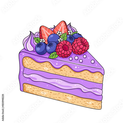 Delicate layered cake slice with luscious berry topping, a delightful dessert illustration