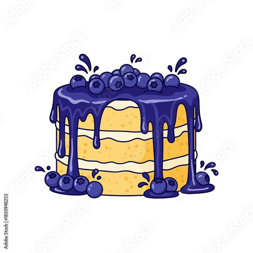 Luscious blueberry layer cake cartoon illustration, inviting dessert temptation, perfect for