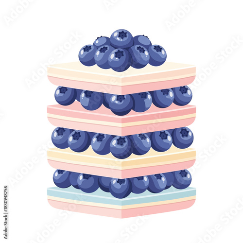 Whimsical stacked blueberry dessert with pastel layers creates a sweet delight presentation