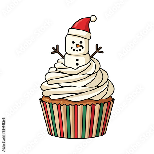 Festive snowman cupcake treat with swirled frosting and holiday striped wrapper delight