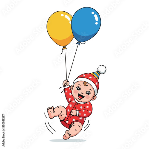 Festive toddler joyfully floats with balloons creating an atmosphere of cheerfulness and innocence