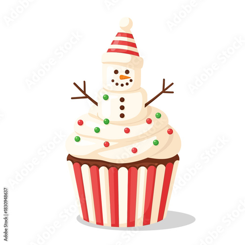 Festive snowman cupcake with creamy frosting and striped paper cup illustration