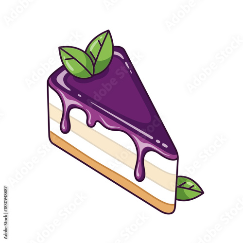 Delicious cheesecake slice with shiny purple glaze and fresh green mint leaves dessert