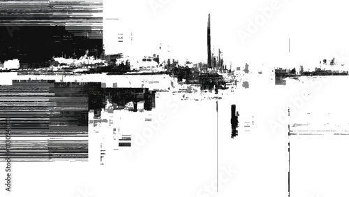 Abstract black and white digital glitch art with a distorted data cityscape Vector, illustration