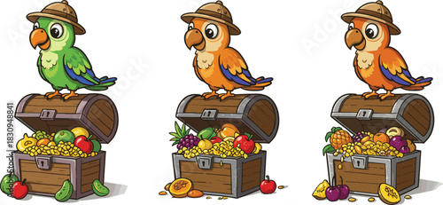 Colorful parrots guarding treasure chests, tropical birds with fruits, cartoon adventure animals, vibrant illustration of riches and nature