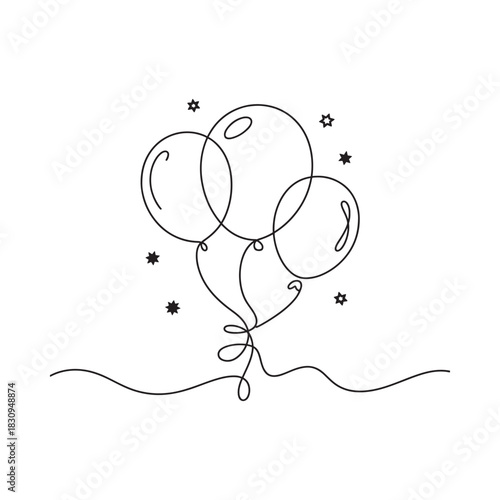 Simple line art drawing of three floating balloons with stars