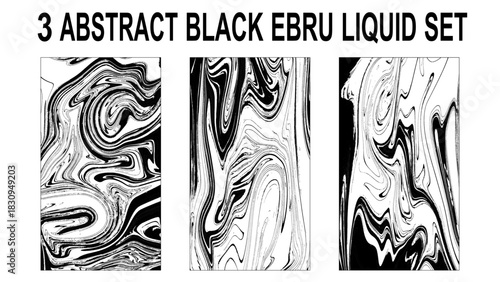 Black and white liquid set. Pack of handmade stone or rock texture with liquid paint ink. Ebru, Turkish marbling art. 