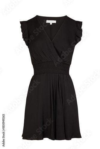 Elegant black faux wrap v neckline short sleeve ruffled hem a line mini dress