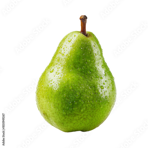 Ripe Green Pear With Water Droplets on a White Background Showcasing Its Fres...
