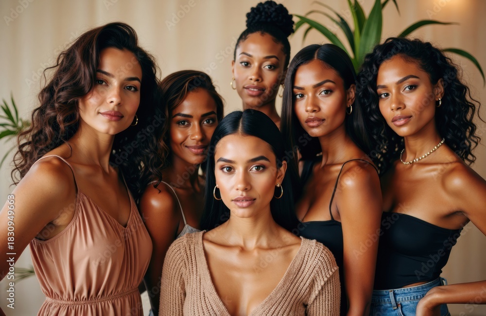 Fototapeta premium Group of women posing together in stylish neutral outfits and natural makeup