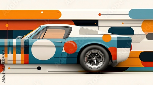 A vintage car with a colorful geometric design is depicted in motion against a white background.