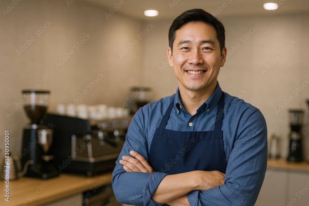 Fototapeta premium Smiling Asian Barista in Apron Posing Confidently in Coffee Shop, Ready to Serve Customers