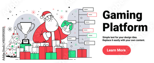 Santa gaming Christmas tournament festive gifts trophy tree bracket chart modern website banner