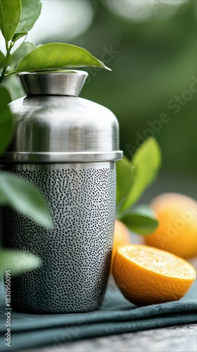 A stainless steel cocktail shaker with orange slices and green leaves, set on a dark green cloth outdoors on a sunny day.
