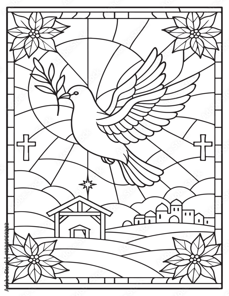 Fototapeta premium Christmas stained glass coloring page with dove, olive branch, nativity scene