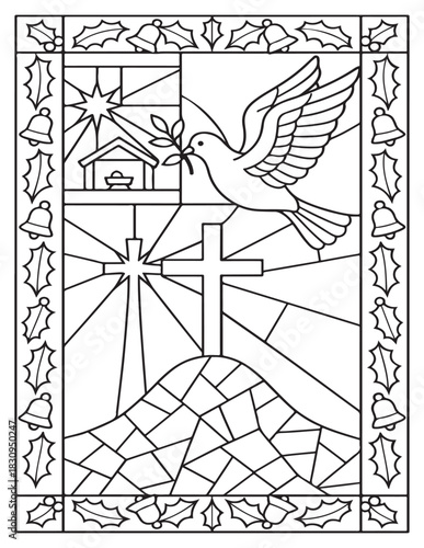 Stained glass outline with christian symbols, dove, nativity, cross, and star