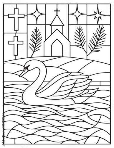 Swan on water with church, crosses, stars, stained glass style line art.