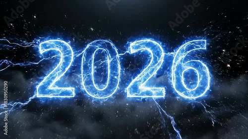 Wallpaper Mural Dramatic blue lightning bolts striking dark storm clouds to form the glowing year 2026 text for energetic new year celebration background Torontodigital.ca