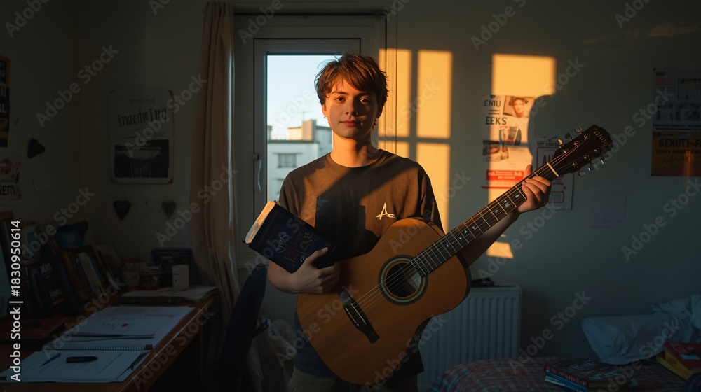 Obraz premium Sunlit room with person holding guitar and book. Warm light, shadows, and creative decor evoke themes of music, solitude, and introspection. Ideal for editorial, lifestyle, and storytelling visuals.