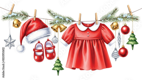 Watercolor Baby Christmas Dress Clipart with Christmas Hat, Red Shoes and Holiday Decorations on Clothesline