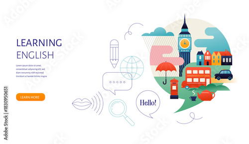 English Language learning, concept design. Travel, tourism illustration of Great Britain. Speech bubble with image of London inside