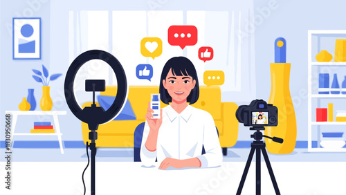 A smiling beauty influencer films a skincare product review in her bright home studio using a ring light and professional camera, surrounded by colorful social media icons representing engagement