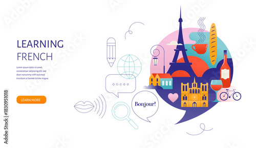 French Language learning, concept design. Travel, tourism illustration of France. Speech bubble with image of Paris inside