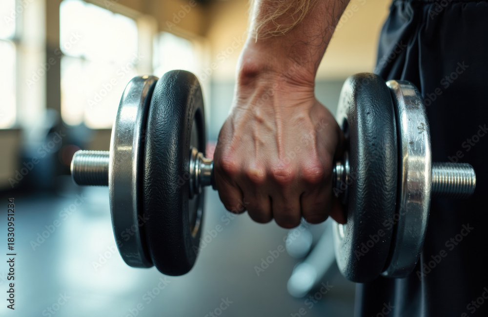 Fototapeta premium Man holding heavy dumbbell in gym with shallow depth of field and natural light