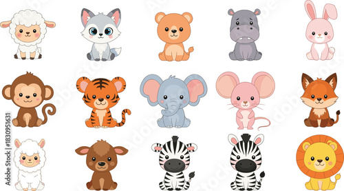 Mega Cute Vector Set of Baby Animals, Including Sheep, Wolf, Bear Cub, Hippo, Rabbit, Monkey, Tiger, Elephant, Mouse, Fox, Llama, Calf, Zebra, and Lion, Designed in a Charming Cartoon Style