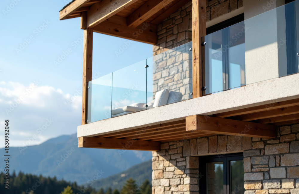Obraz premium Modern mountain chalet balcony with glass railing wooden beams and view