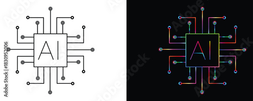 Futuristic AI chip circuit illustration, vibrant colors symbolizing innovation and technology, representing the power of artificial intelligence in modern design.