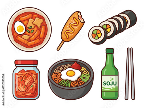 Korean food icons featuring popular dishes