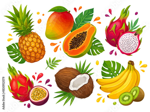 Vibrant collection of exotic tropical fruits with leafy accents and colorful splashes, showcasing a healthy and delicious variety of nature's bounty for fresh eating