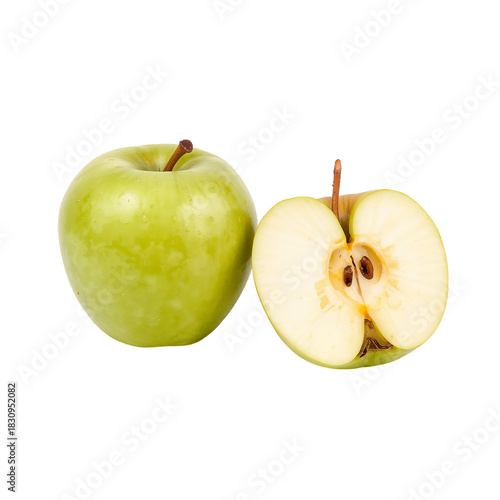 Fresh Green Apple With a Cut Half Showing Juicy Interior and Seeds