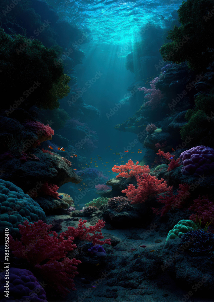 Fototapeta premium Dramatic underwater scene showcasing a vibrant coral reef canyon illuminated by sunbeams.