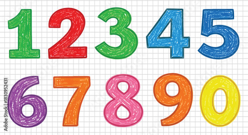 A set of colorful numbers from one to zero drawn in a crayon style on a gridded white background