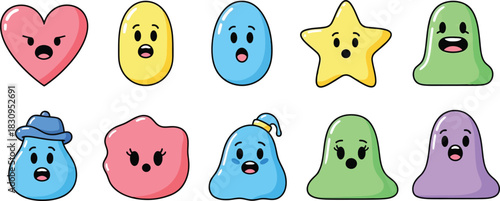 Collection of cartoon shapes with surprised expressions in various colors on a white background