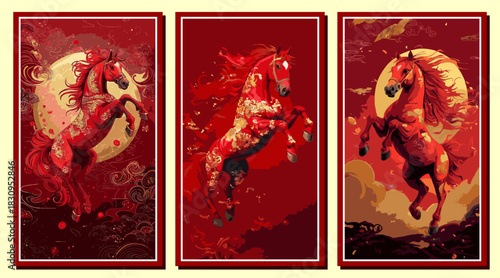 Red fire horse illustration inspired by Chinese zodiac, lunar new year art with golden moon, vibrant flames, decorative patterns, fantasy style, cultural festival design