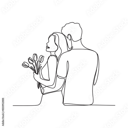 Romantic couple embrace with flowers line art