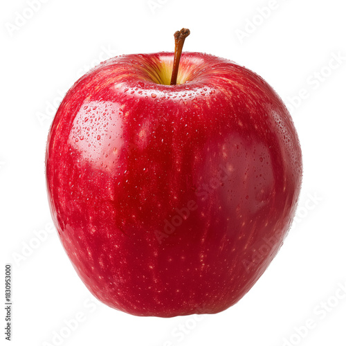 Shiny Red Apple With Droplets of Water on Its Surface Placed on a White Backg...